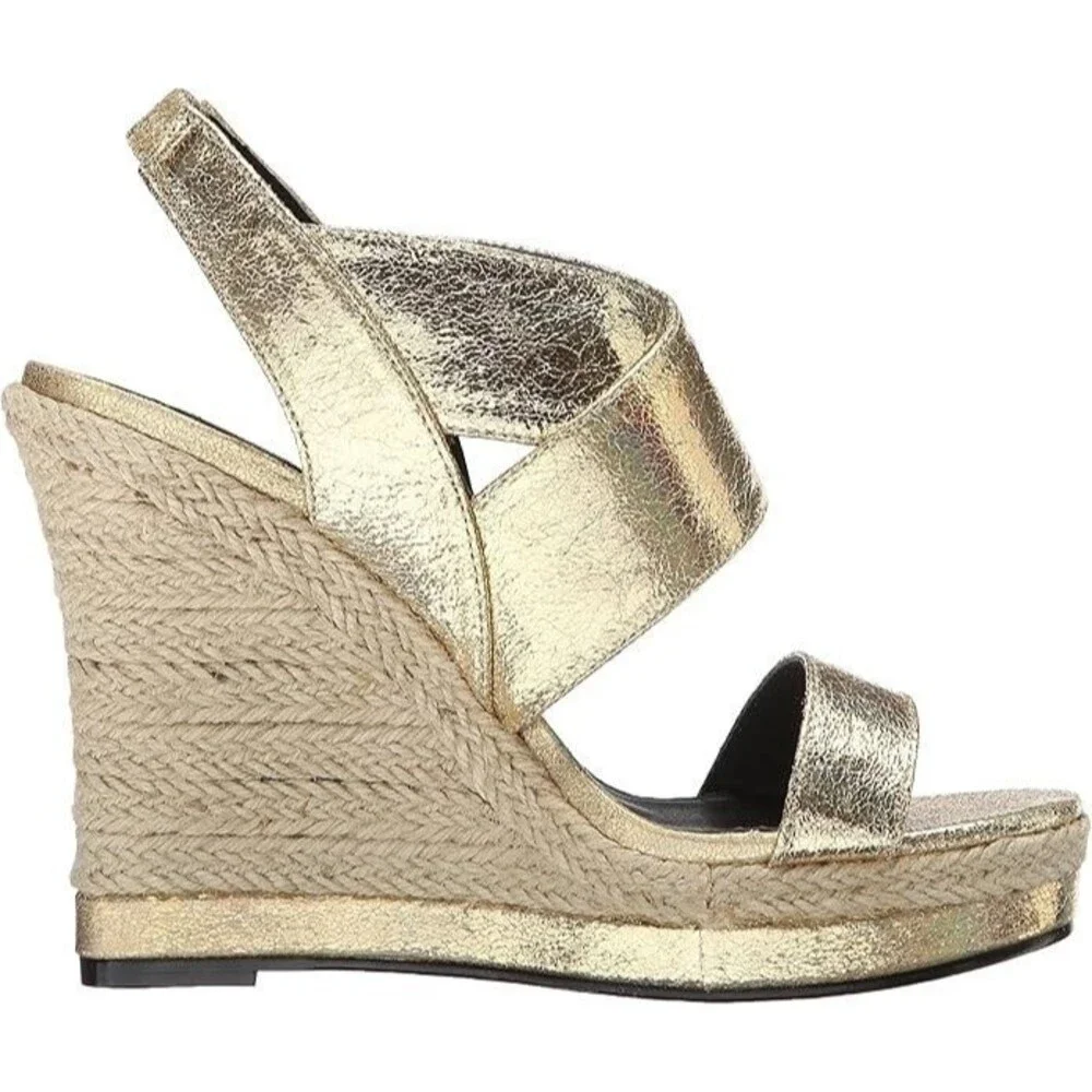 Michael Antonio Gerey Met Metallic Gold Strappy Espadrille Open Toe Wedge Size 9